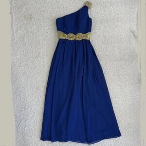 JJ’s House Women’s One-Shoulder Royal Blue Evening Dress Gold Sequins - size S/M